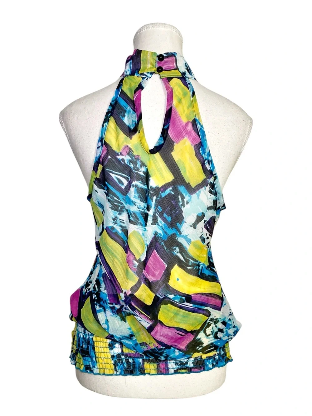 Banana Monkey Y2K Abstract Ruffle Halter Top